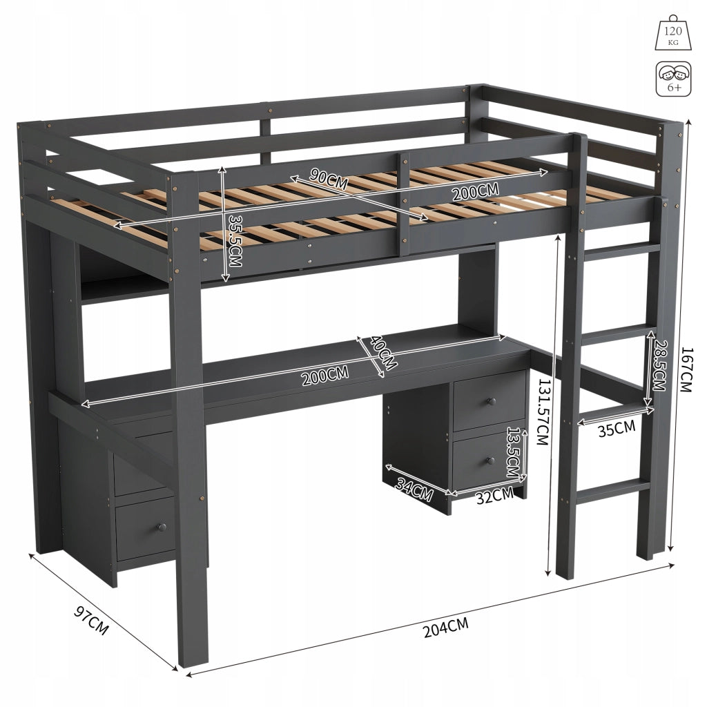 Letto a castello 90x200 - Xylo - Grigio con scrivania senza materasso