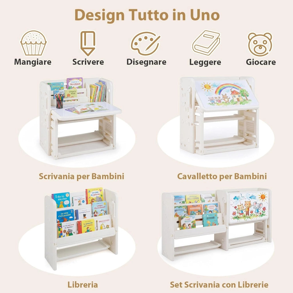 Set Tavolo e Sedia per Bambini 3+ Anni, Tavolino per Bambini con Scaffali Laterali e Cestini Portaoggetti, Piano Inclinabile e Lavagna Cancellabile, Tavolino e Sedie per Cameretta Ragazzi