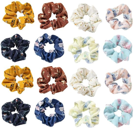 Accessori capelli elastici 16 pezzi - Scrunchies in chiffon - Elastici e duraturi - Accessori capelli eleganti - Orecchini per coda di cavallo colorati - Molli e flessibili