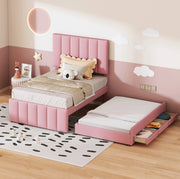 Letto imbottito singolo 90x200 cm con letto estraibile e 3 cassetti; rosa