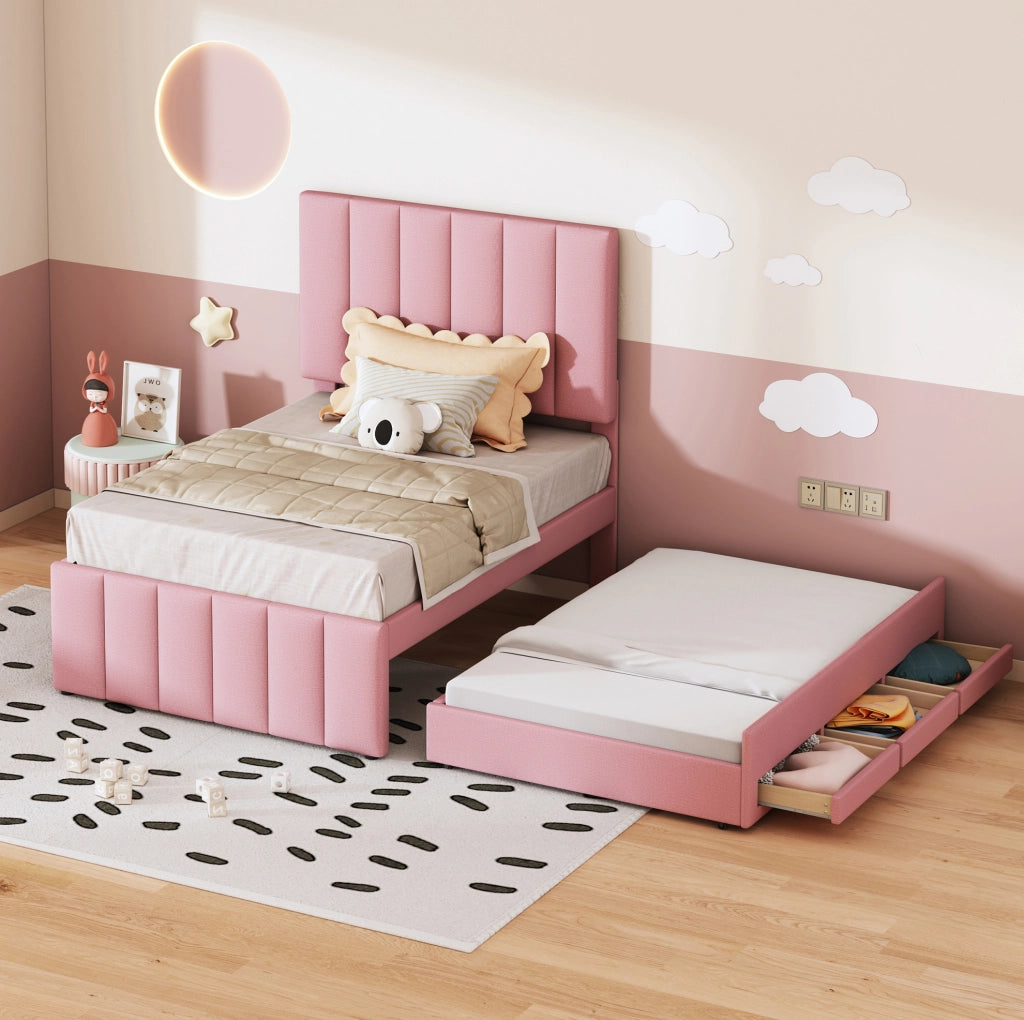 Letto imbottito singolo 90x200 cm con letto estraibile e 3 cassetti; rosa