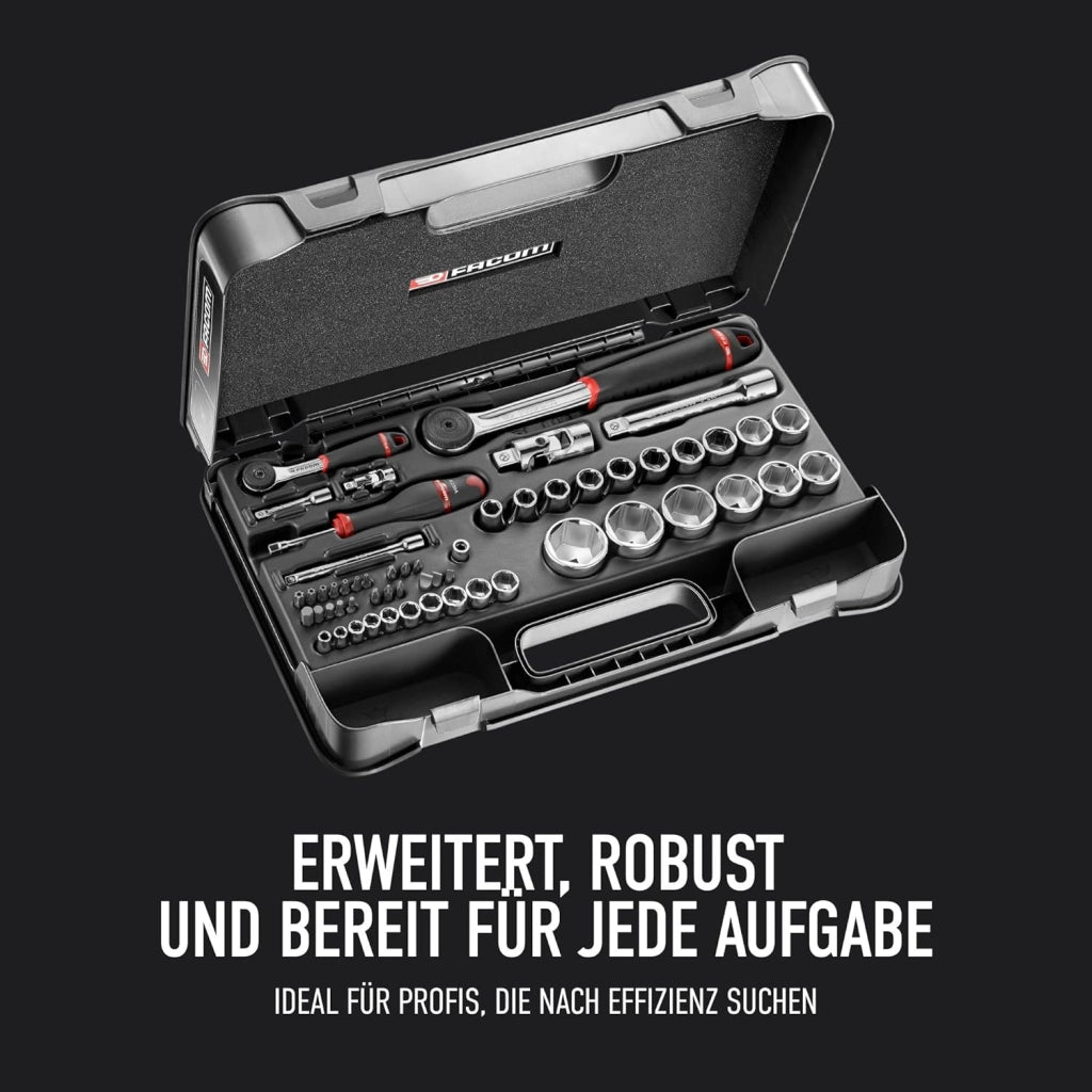 Set di 56 chiavi a bussola 1/4" & ½" RS.161-2 (valigetta completa con 10 chiavi a bussola 1/4", 16 chiavi esagonali da 1/2", cricchetti, punte, giunti cardanici, estensioni e maniglia)