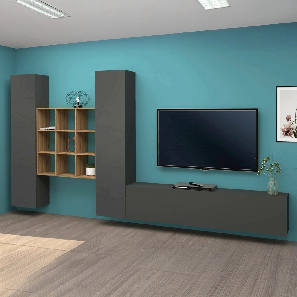 Parete attrezzata Genoveffa, Set salotto porta TV a 3 ante, Mobile soggiorno multiuso, 100% Made in Italy, cm 270x30h180, Antracite e Acero