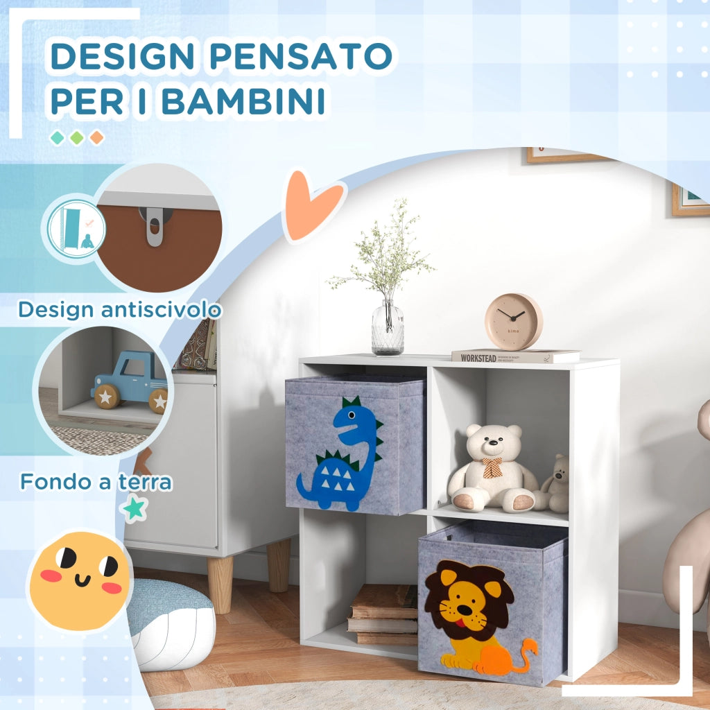 Scaffale Portagiochi per Bambini con 4 Scomparti e Contenitori, 61.8x29.9x61.8cm, Bianco