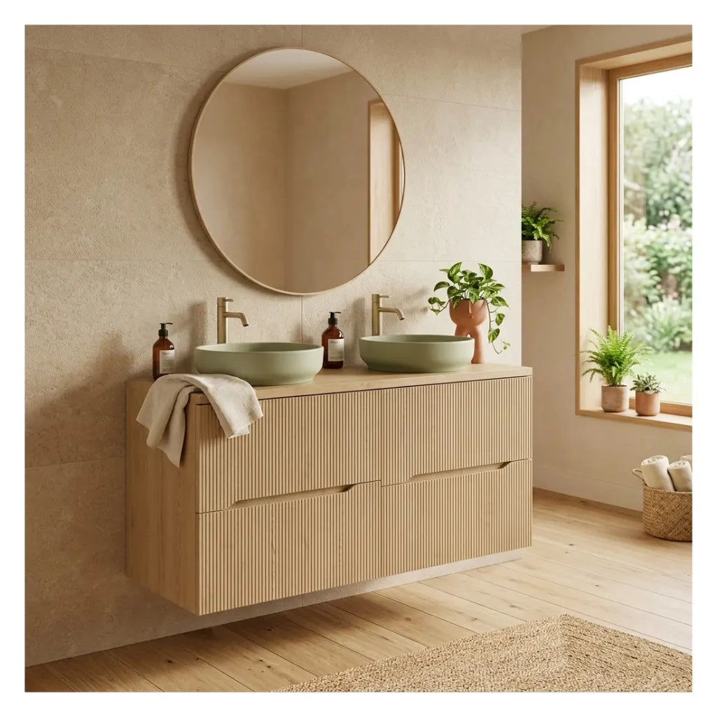 Insieme da bagno sospeso NATURA 120cm: mobile sottolavabo 60cm in legno chiaro con scanalature verticali
