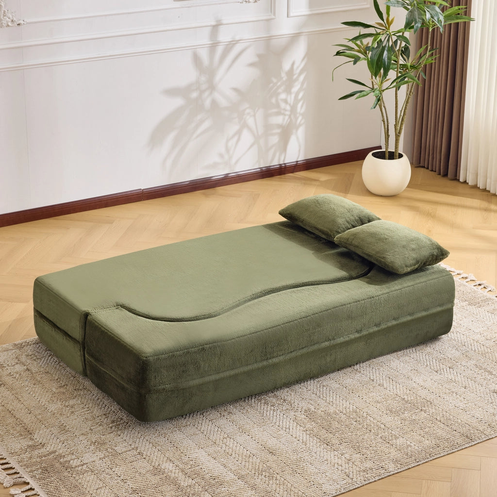 Divano letto futon pieghevole senza montaggio con 2 cuscini in schiuma verde moderno per soggiorno e camera ospiti