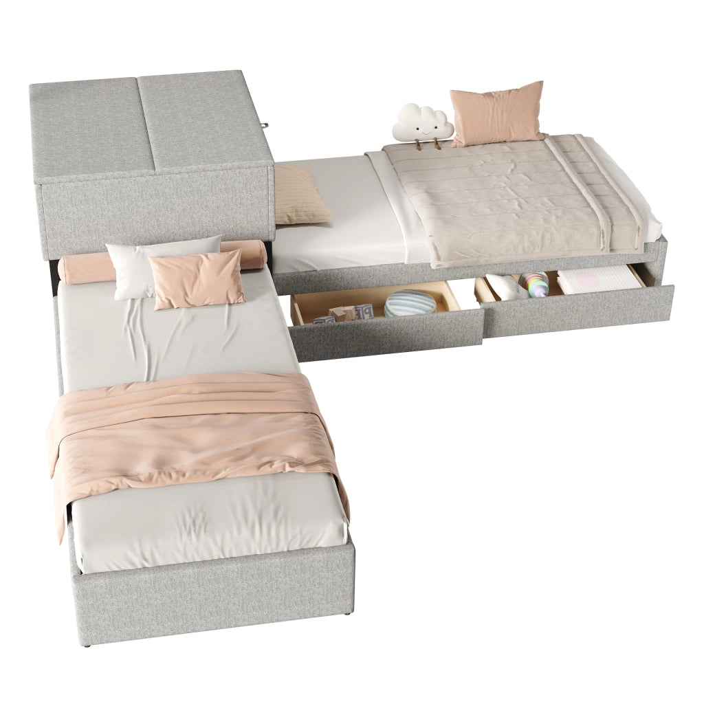 Letto angolare con letto estraibile, letto imbottito con contenitore, lino grigio, 90x200 cm, senza materasso