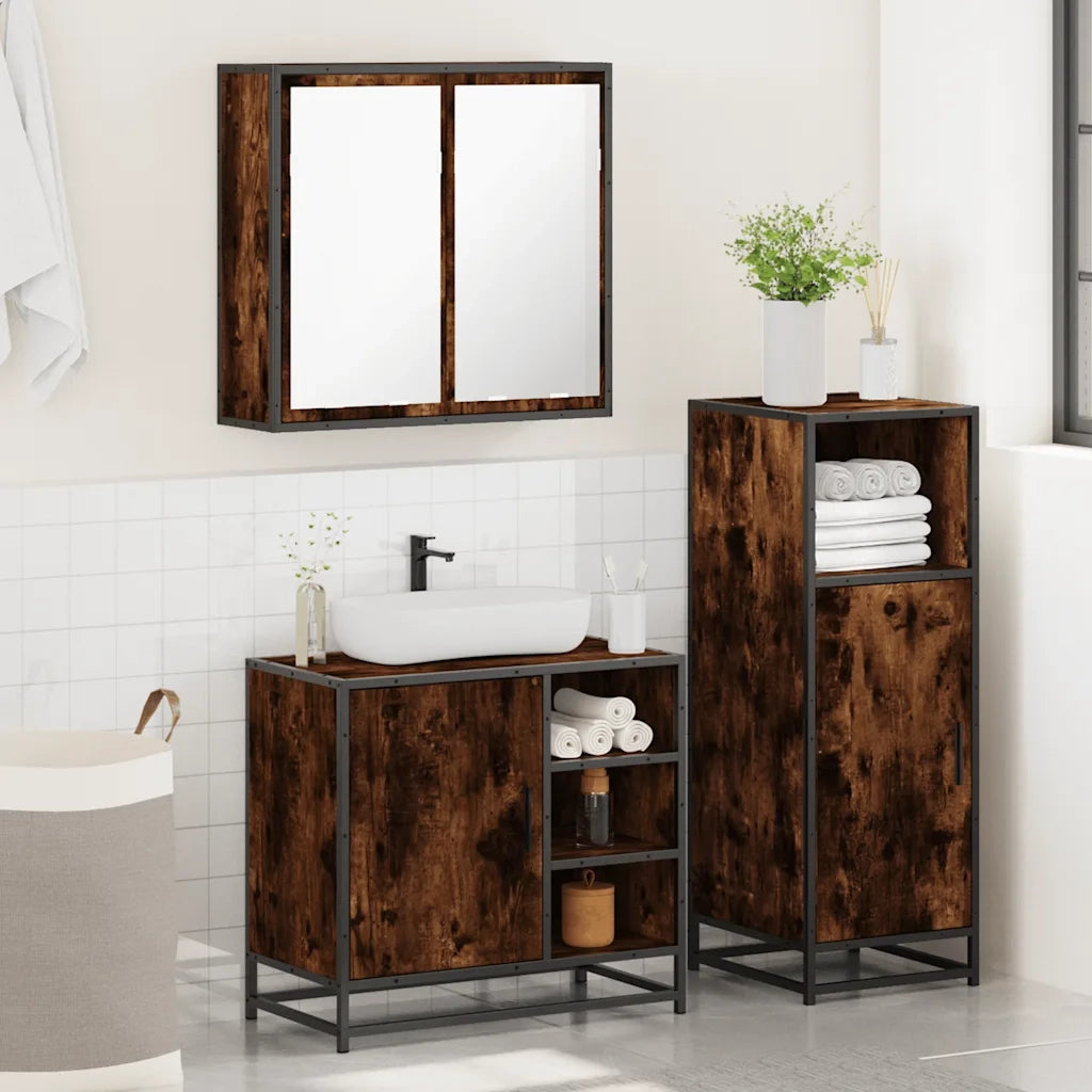 Set Mobili da Bagno 3 pz Rovere Fumo in Legno Multistrato