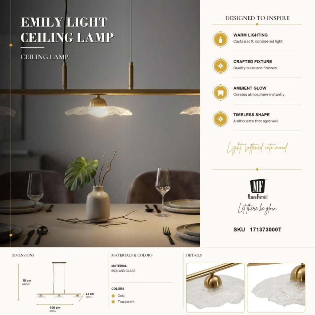 Lampadario Emily a 3 luci in ferro oro e vetro trasparente