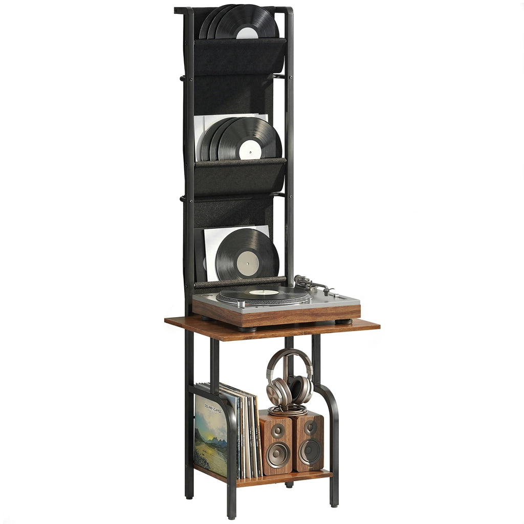 Libreria per CD e DVD con 3 tasche in tessuto e ripiano ¨C zephmum ¨C Legno effetto rustico marrone