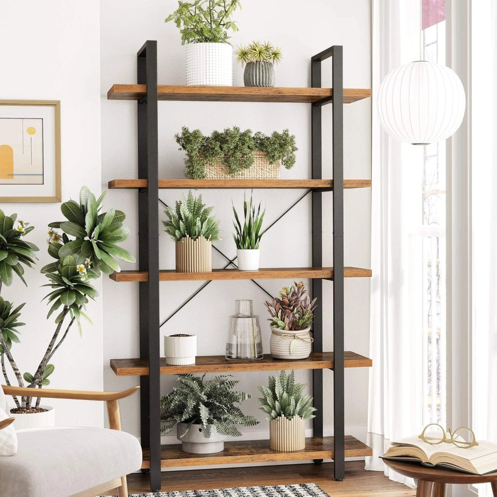 VASAGLE Libreria a 5 Ripiani, Scaffale in Stile Industriale, Portaoggetti Stabile, Facile da Montare, per Soggiorno, Camera da Letto, Ufficio, Marrone Vintage e Nero LLS55BX