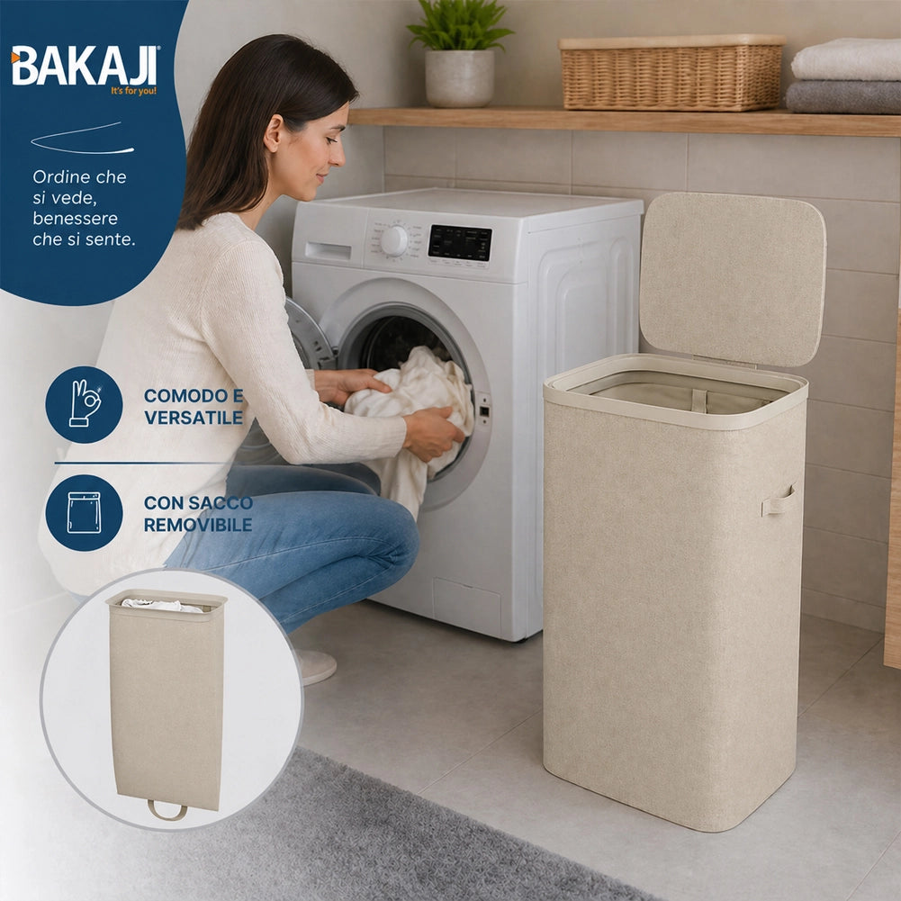 Cesto Biancheria Sporca 42x32x67 cm Sacco Estraibile Portabiancheria 105L Beige