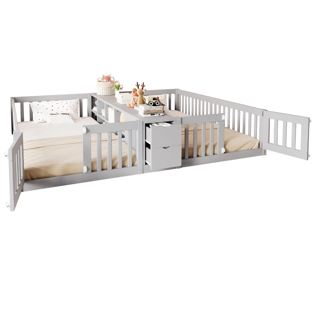 Letto multifunzione per bambini 90x200 cm con 2 posti, cassetti e libreria grigio