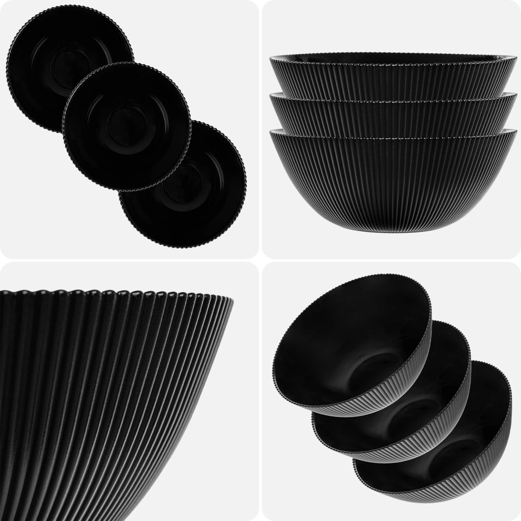 Set di 3 ciotole da insalata KADAX in vetro da 20 cm per zuppe e snack, nere, scanalate.