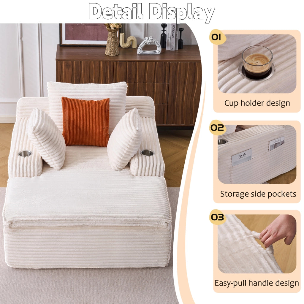 Divano convertibile senza struttura con chaise longue in velluto a coste con 3 cuscini e portabicchieri beige
