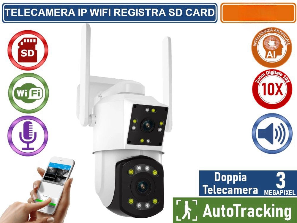TELECAMERA IP WIFI DOME DOPPIA TELECAMERA ROTAZIONE 360'' PTZ YH-A3-90332
