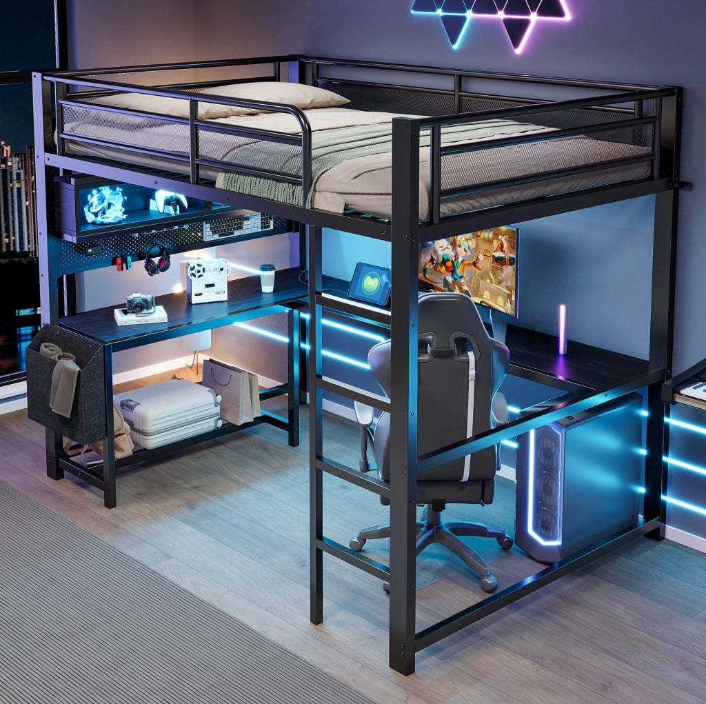 Letto a soppalco 140x200 cm con scrivania, LED, ripiani e stazione di ricarica