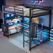 Letto a soppalco 140x200 cm con scrivania, LED, ripiani e stazione di ricarica