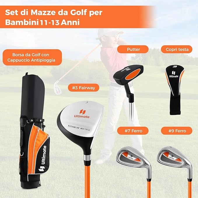 Set Completo di Mazze da Golf per Bambini, Inculude Fairway 3, Ferri 7 e 9, Putter, Copritesta, Borsa Portatile e Cappuccio Antipioggia, Set da Golf per Destrimano(Per 11-13 Anni)