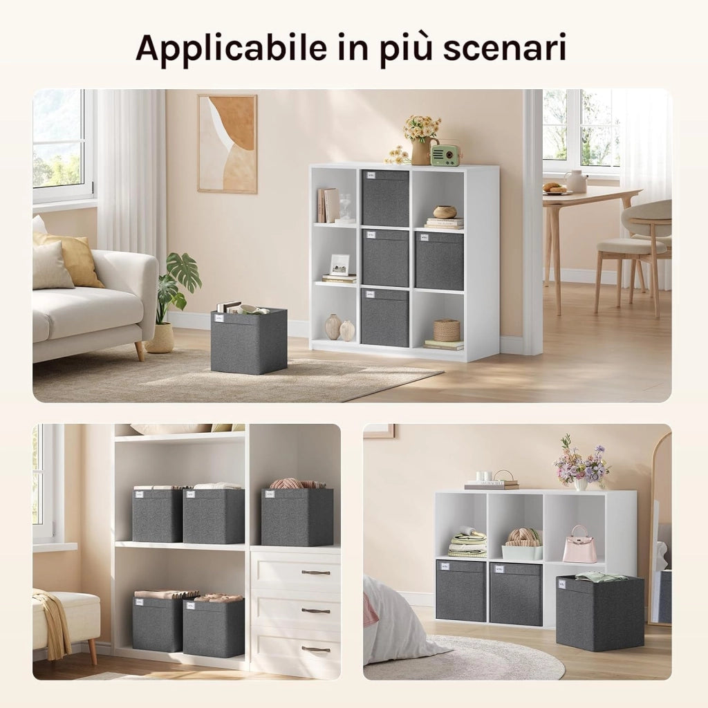 Cubi di Conservazione in Tessuto 6 Pezzi, Scatole Pieghevoli con Portaetichette e Maniglie, Organizer per Ripiani, Grigio Scuro, 32,5x32,5x32cm