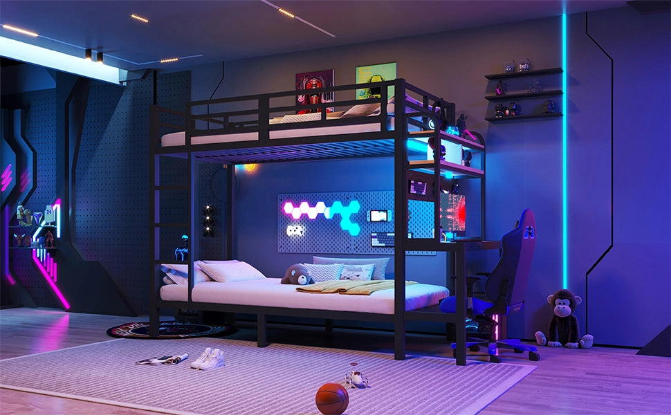 Letto a castello 90 × 200 cm con scrivania, ripiani, LED e USB, con barriera di sicurezza, senza materasso, nero