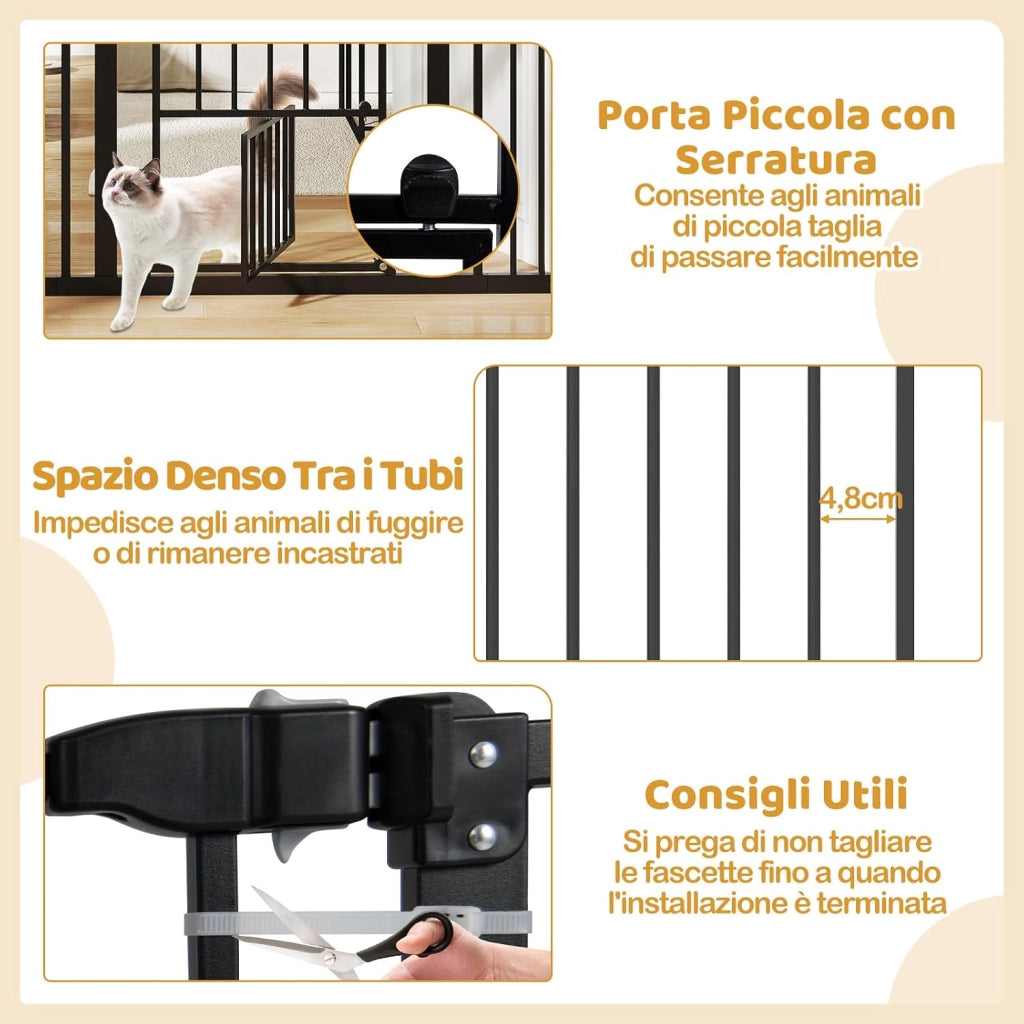 Cancelletto per Cani per Aperture 74-104 cm, Cancello per Cani con Porta Piccola, 2 Estensioni e Doppio Blocco, Cancelletto in Metallo da Interno per Cucina, Scale e Soggiorno (Nero)