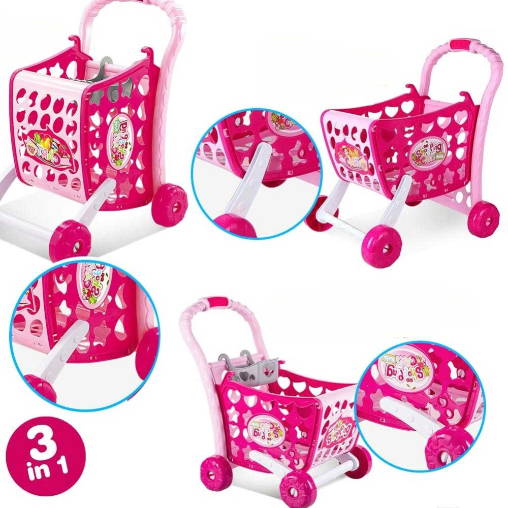 Trade Shop - Carrello Spesa Supermarket Per Bambini Rosa Azzurro Con Frutta E Verdura 3in1 -