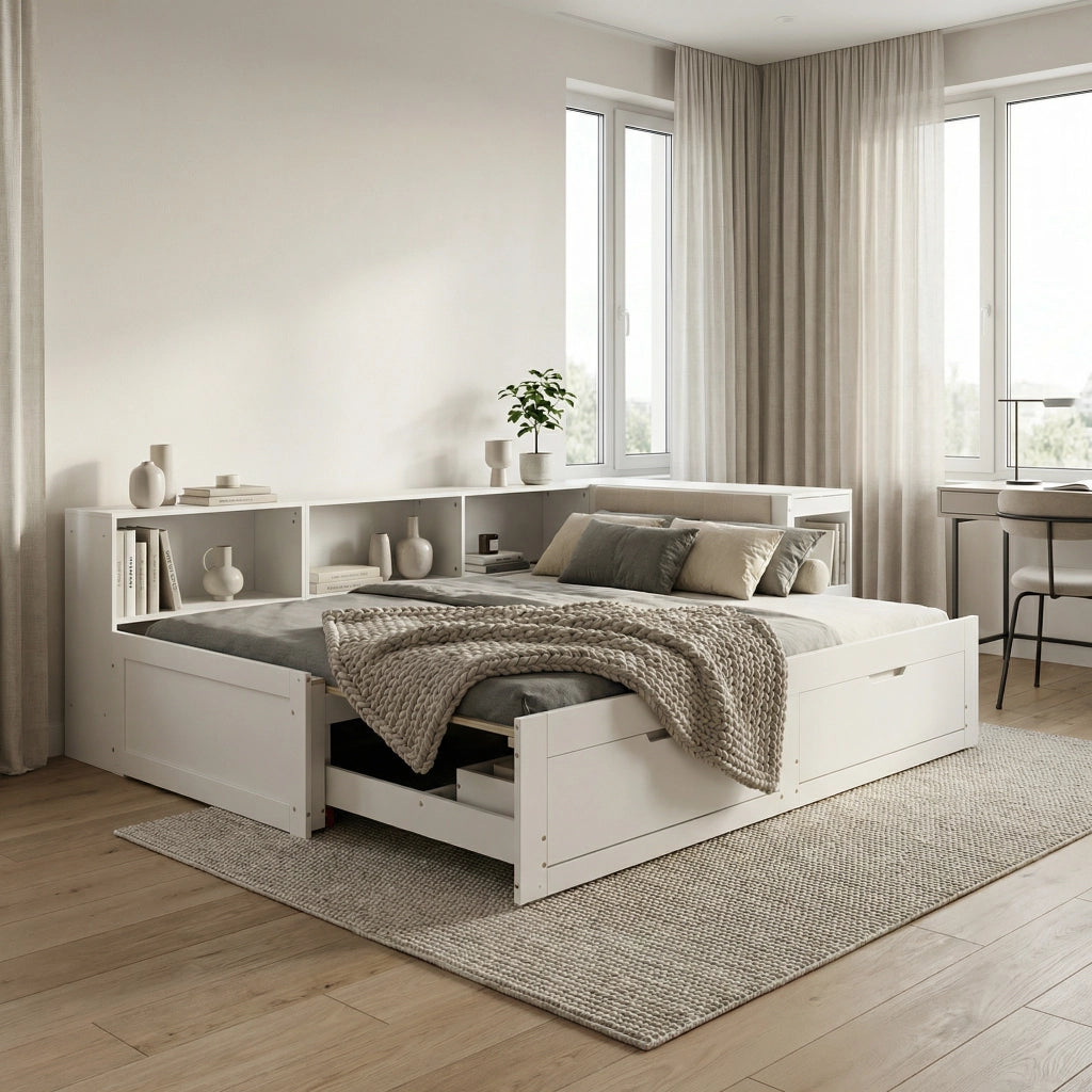 Letto Combinato 90x200 cm con Scrivania; 2 Cassetti; Presa UE e Mensole