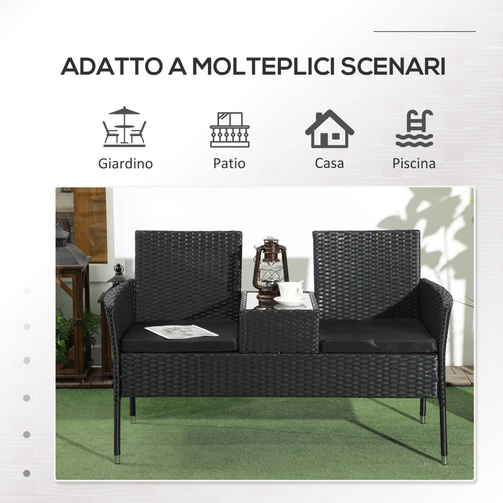 Divanetto per Esterni 2 Posti con Tavolino da Caff¨¨, in Acciaio e Rattan PE, 137x59x82 cm, Nero