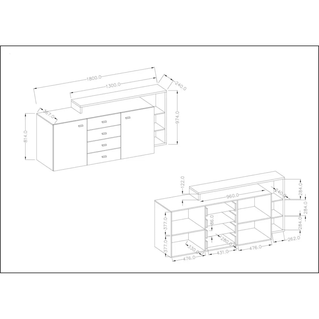Credenza con scaffale integrato collezione BERGAMO 180cm. Colori grigio e rovere scuro.