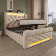 Letto imbottito con contenitore 90x200 cm in velluto beige; LED integrato e prese USB Type-C