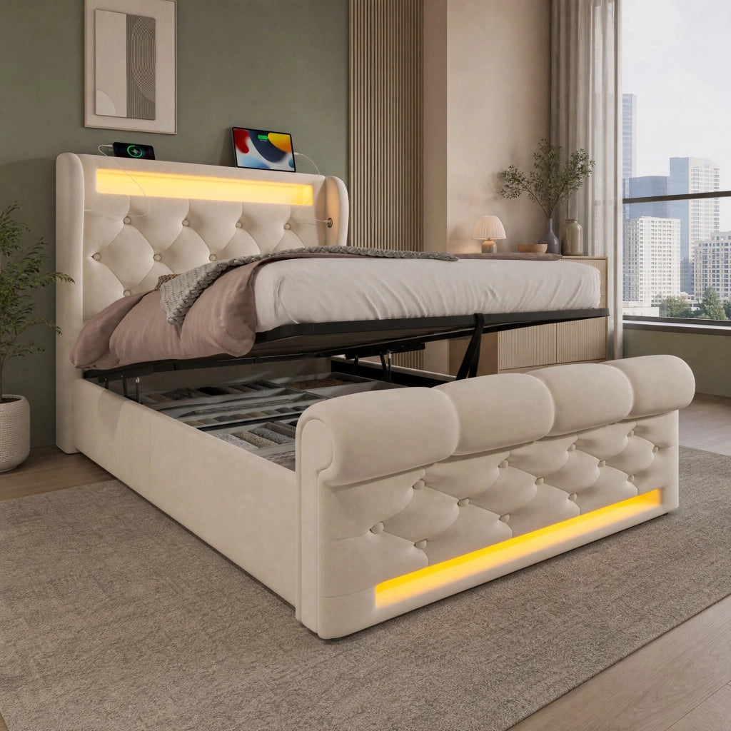 Letto imbottito con contenitore 90x200 cm in velluto beige; LED integrato e prese USB Type-C