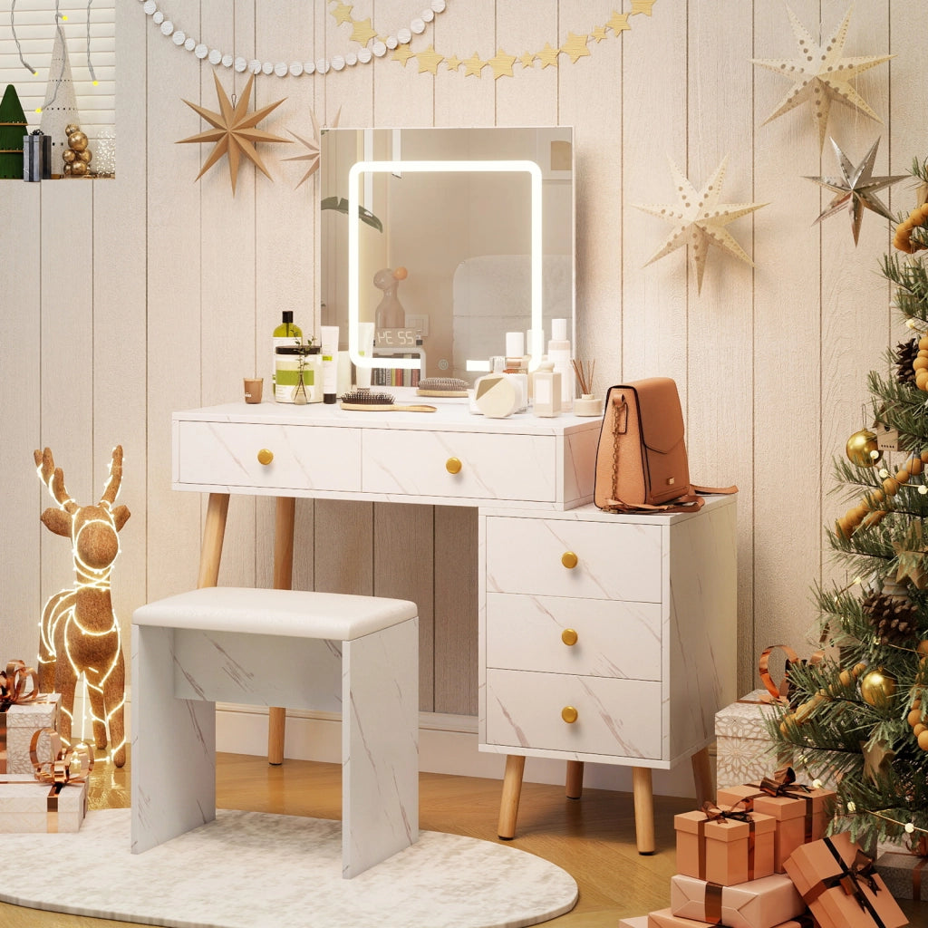 Toeletta con specchio e luci regolabile 5 cassetti finta marmo legno-Set tavolo trucco sgabello morbido imbottito moderno