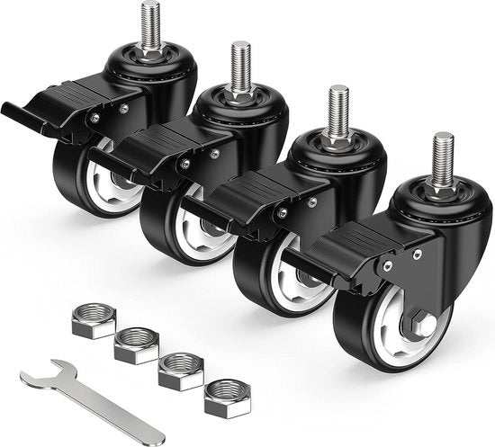 Ruote di sedia 75 mm (3 pollici) con chiusura totale, ruote di trasporto, M12 x 1,75 x 30 mm (diametro di sede 12 mm, lunghezza di sede 30 mm), ruote per mobili, set di 4 ruote pesanti, nero