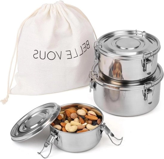 Set di contenitori per pasti in acciaio inossidabile con tasca (3 pezzi) - contenitori per cibi liberi da residui per snack, frutta, cereali, zuppe e pasti - privi di BPA