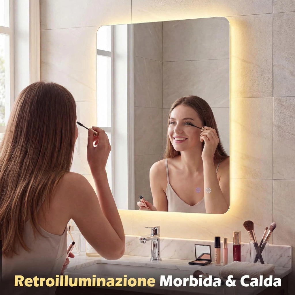 Specchio da Bagno Rettangolare con LED, Specchio da Parete con Luminosità Regolabile, Retroilluminato, Touch Intelligente, Vetro Temperato con Memoria e Anti-Appannamento (80 x 60 x 3 cm)