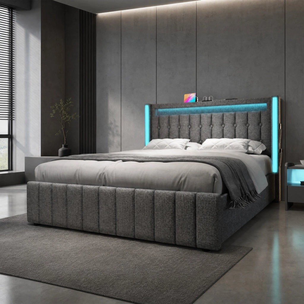 Letto matrimoniale 160x200 cm con 4 cassetti; USB; Type-C e LED; lino grigio