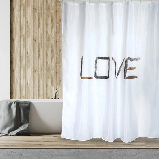 Douchegordino antimuffa - antibatterico e impermeabile - lavabile - 12 anelli per douchegordino - "Love" - poliestere - 180x200cm - bianco