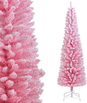 180 cm Albero di Natale Artificiale Rosa, Albero di Natale a Matita con 460 Punte di Rami Innevati e Base Pieghevole in Metallo, Albero non Illuminato per Festa e Decorazione