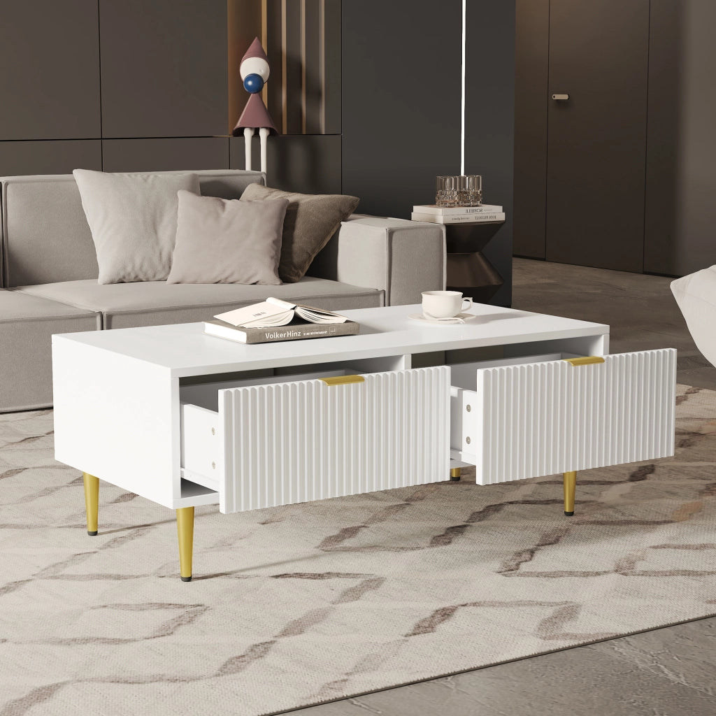 Tavolino basso con 2 cassetti e finitura a strisce verticali per soggiorno in MDF, bianco e oro, 100 × 50 × 40 cm