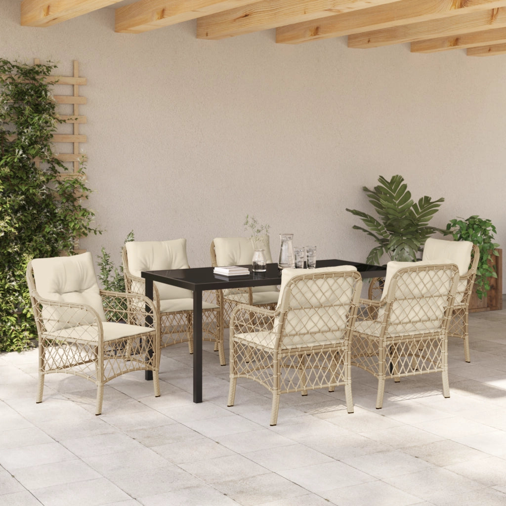 Set Da Pranzo Da Giardino 7 Pezzi Con Cuscini Beige Polyrattan
