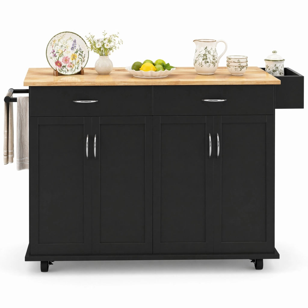 Carrello da Cucina con 2 Cassetti; Piano Ribaltabile; Ruote e Portasciugamani; 106 x 50 x 90.5 cm; Nero