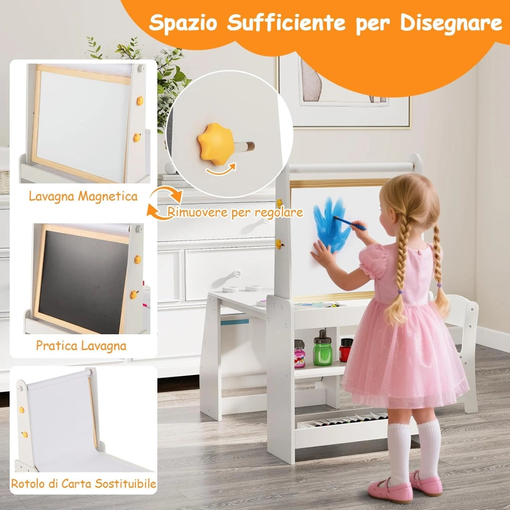 Set 3 in 1 Tavolo e Sedia per Bambini 3+ Anni, Tavolo in Legno Sicuro con Lavagna, Sedia, Lavagna Bianca, Rotolo di Carta, 2 Ripiani Aperti e Libreria a 2 Ripiani, Ideale per Disegno (Grigio)