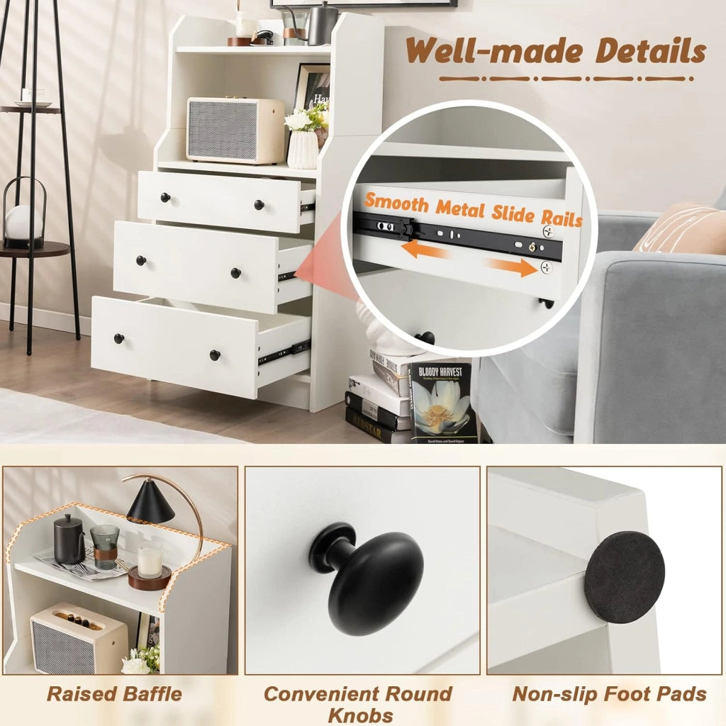 Cassettiera Moderna con 2 Ripiani Aperti e 3 Cassetti Estraibili, Comodino Alto con Dispositivo Anti-ribaltamento per Camera da Letto Soggiorno Ingresso, 58 x 36 x 111 cm, Bianco/Nero/Noce