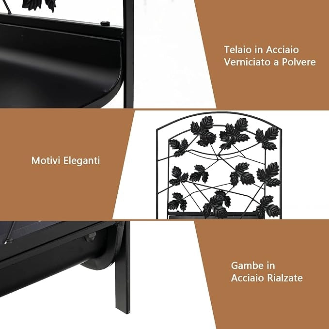 Porta Legna per Interni ed Esterni, Porta Legna per Camino d'Acciaio con Delicato Disegno a Foglia, Portalegna da Ardere per Caminetti, Stufe e Braciere, Portata 50 kg (48 x 34 x 41 cm)