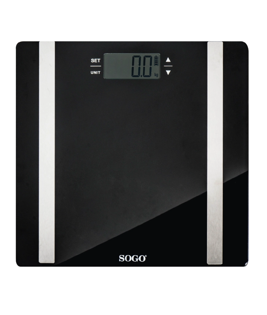 Bilancia pesapersone digitale con misurazione massa grassa e acqua corporea, display LCD, memoria 10 utenti, vetro temperato 6mm - SOGO