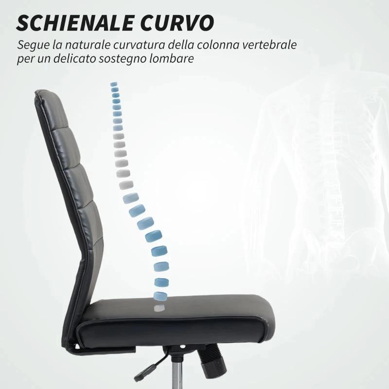 SEDIA DA UFFICIO ERGONOMICA E REGOLABILE CON SCHIENALE RICURVO, IN PELLE PU E ACCIAIO, 58X53X97-107 CM, NERO