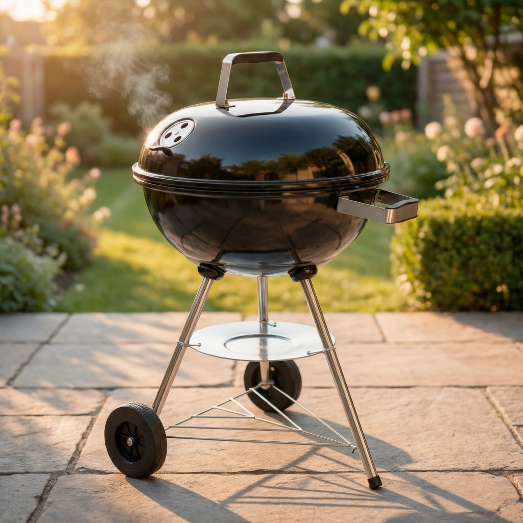 Barbecue A Carbone Con Coperchio Ventilazione Regolabile Griglia Cromata In Acciaio Ruote Trasporto Facile Montaggio Veloce Giardino Campeggio Terrazza 51 x 46.5 x 78 Cm Nero