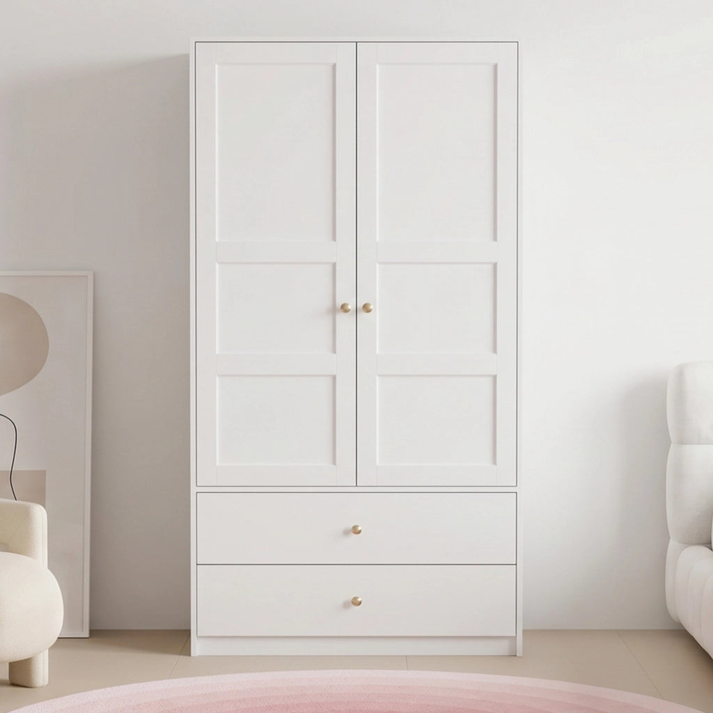 Armadio 2 ante con 2 cassetti e barra appendiabiti in MDF bianco per camera da letto 100 × 48 × 180 cm