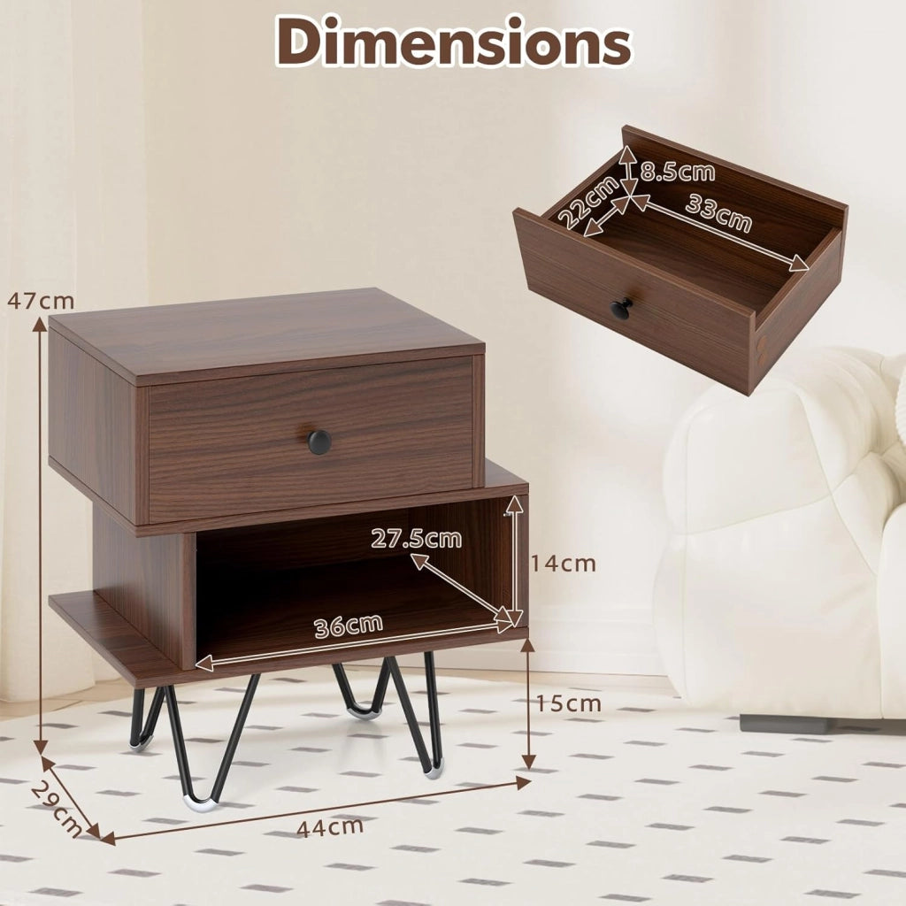 Set di 2 Comodini, Tavolini da Letto in Stile Moderno con Cassetto Rimovibile e Scomparto Aperto, Tavolini da Accento con Gambe in Metallo per Camera da Letto (Noce)